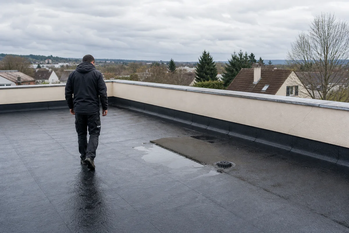 Toiture-terrasse avec acrotère, évacuation et eau stagnante après la pluie
