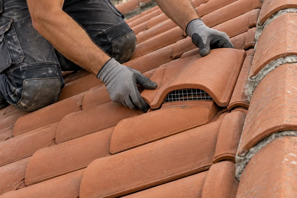 Couvreur ganté posant une tuile de ventilation à grille métallique sur une toiture en tuiles terre cuite, près du faîtage