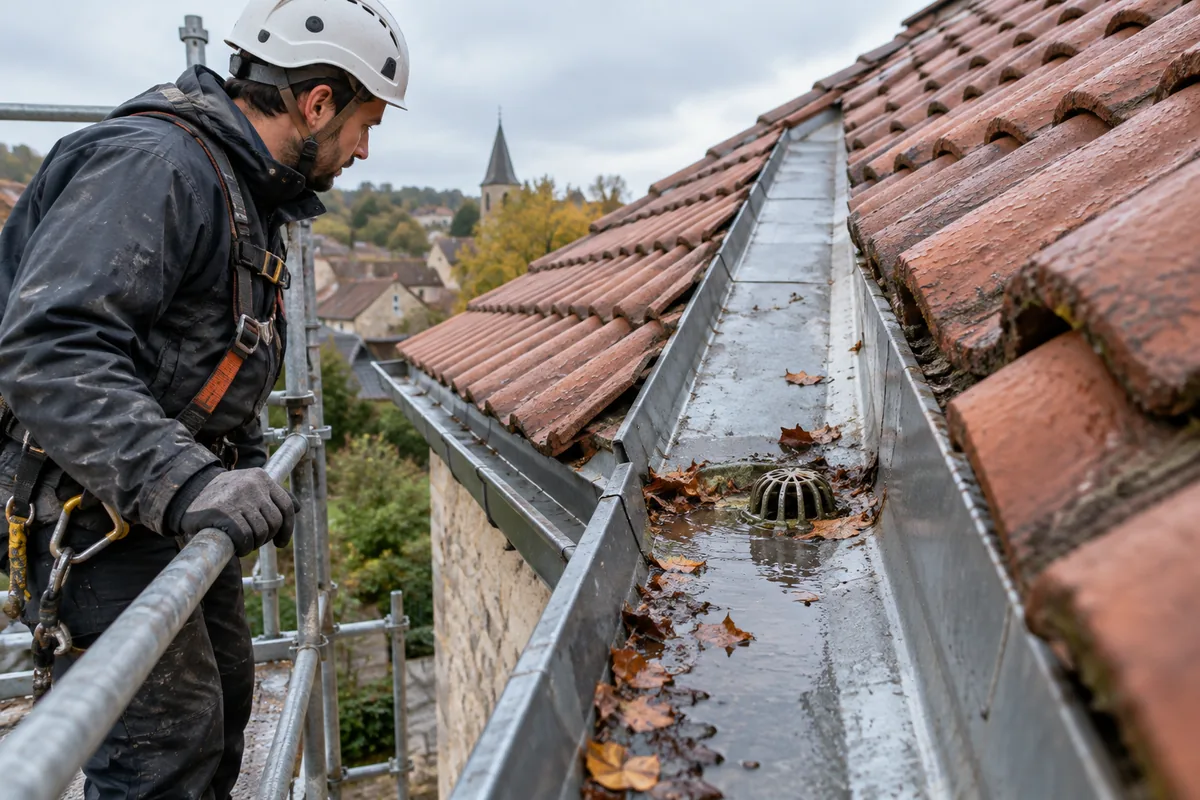 Couvreur sécurisé observant un chéneau encombré de feuilles sur une toiture en tuiles après la pluie