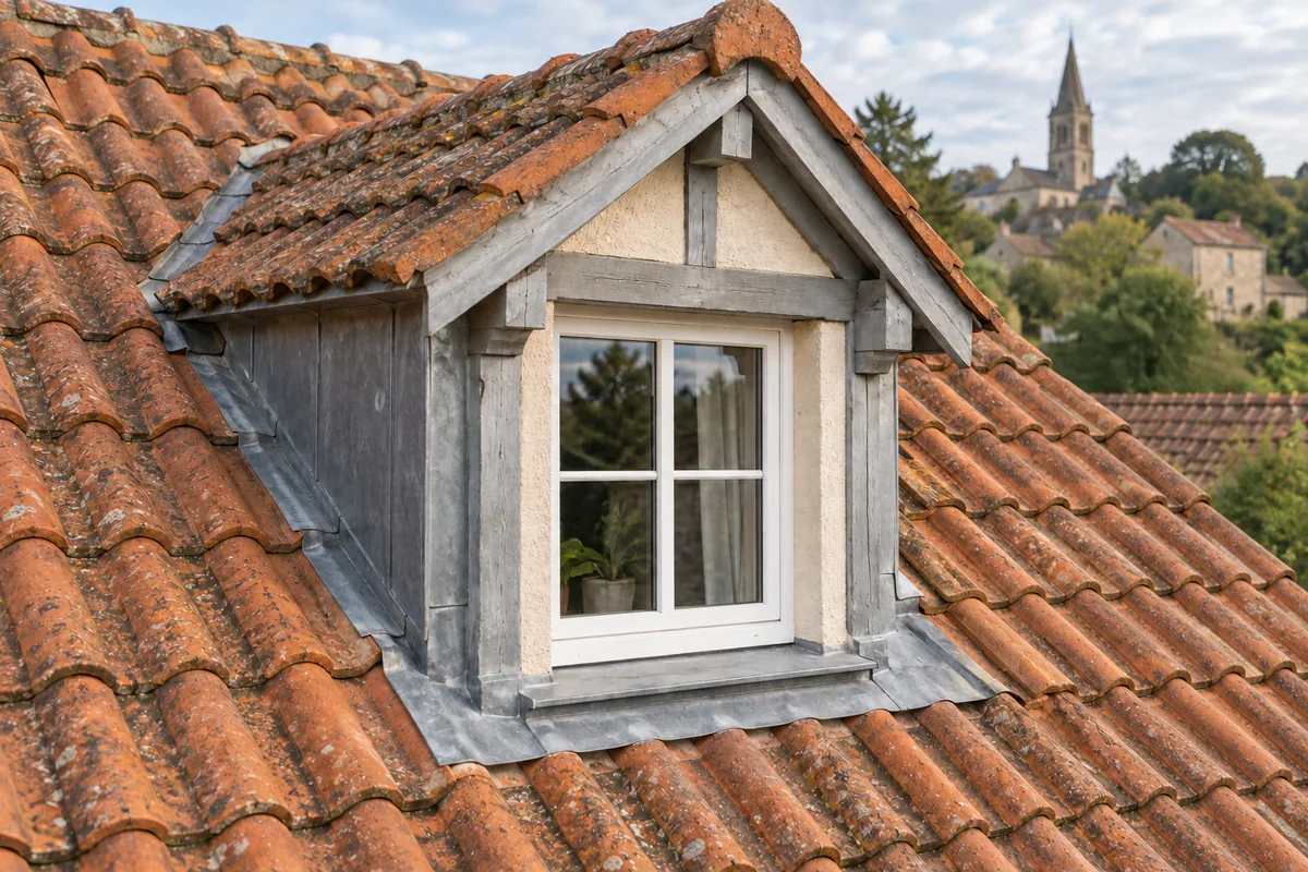 Lucarne à deux pans en tuiles avec raccords métalliques visibles le long des jouées et sous la fenêtre, sur une toiture en terre cuite