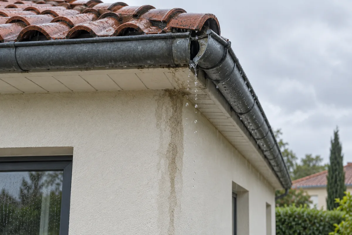 Gouttière en zinc ouverte à l'angle d'un débord de toit en tuiles, pluie tombant devant une trace humide sur la façade