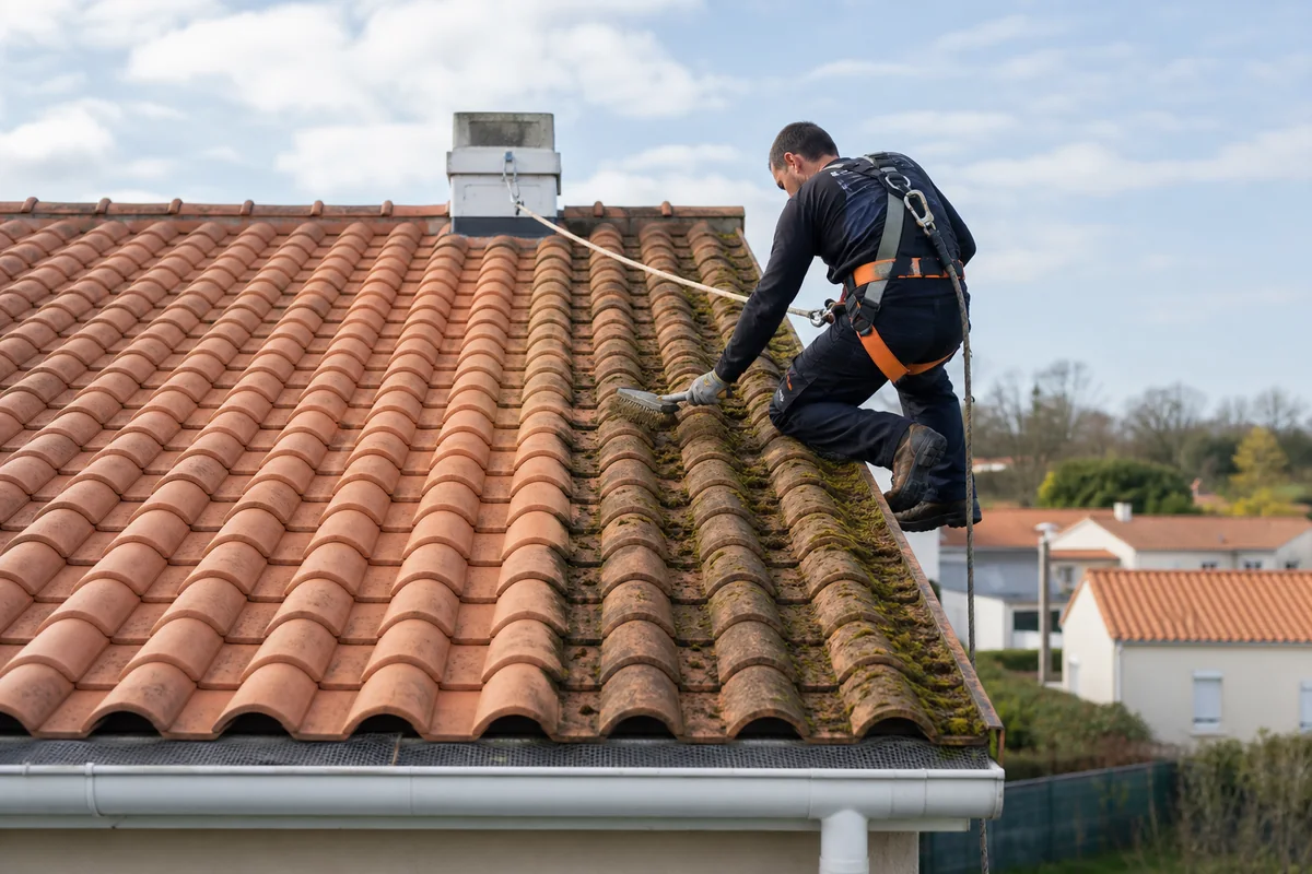 Couvreur sécurisé par un harnais retirant manuellement la mousse sur une toiture en tuiles