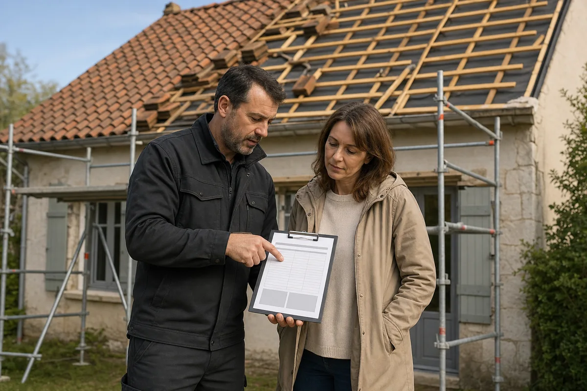 Couvreur et propriétaire comparant un devis devant une toiture en cours de rénovation