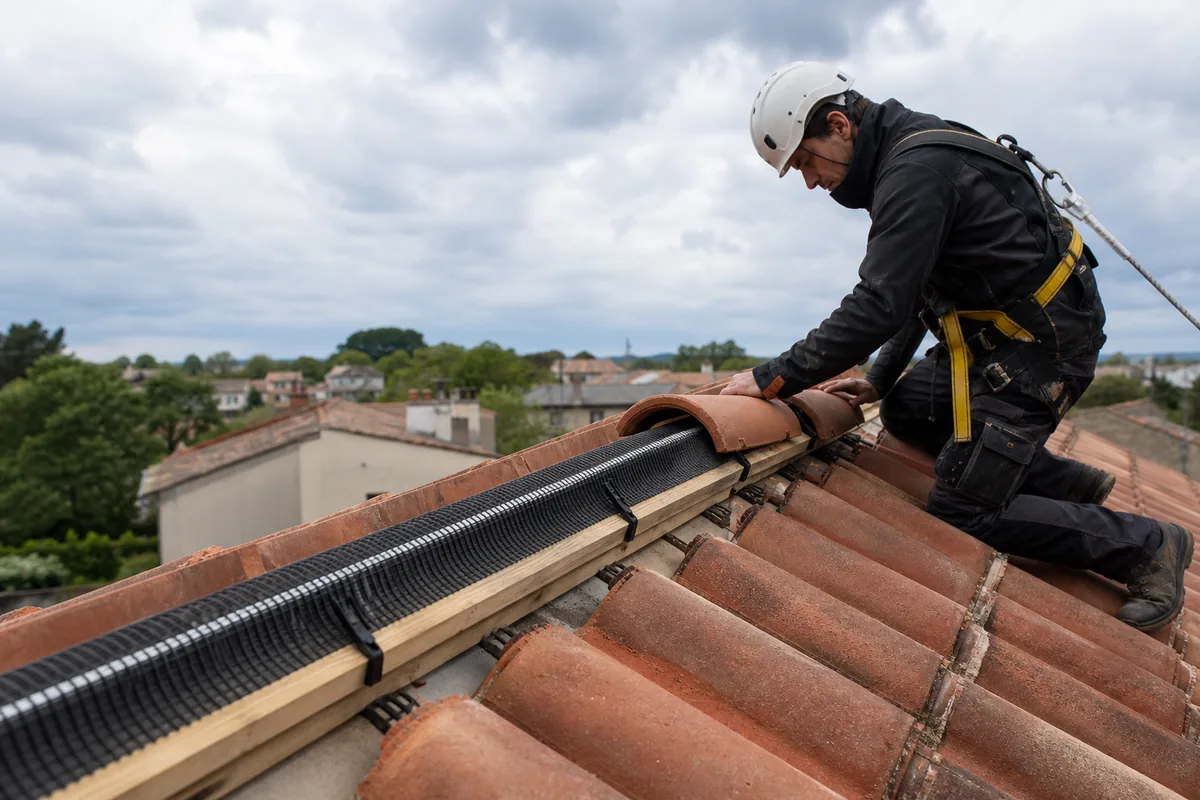 Couvreur sécurisé contrôlant un closoir ventilé sous des tuiles faîtières en terre cuite