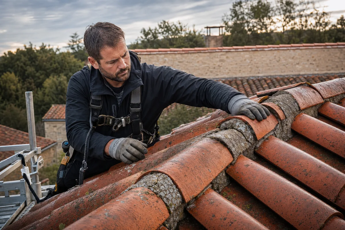 Couvreur équipé d’un harnais inspectant des tuiles faîtières désalignées et un mortier fissuré