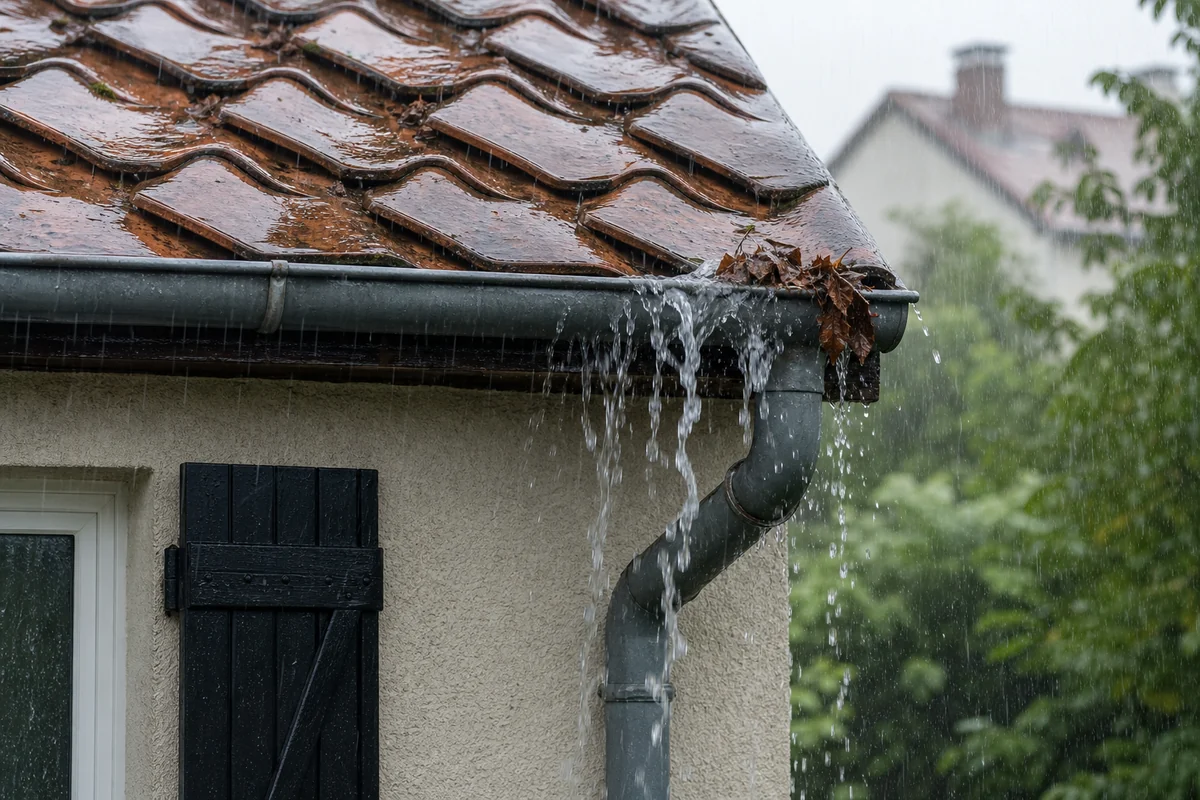 Gouttière d’une maison débordant sous une forte averse avec des feuilles près de la descente