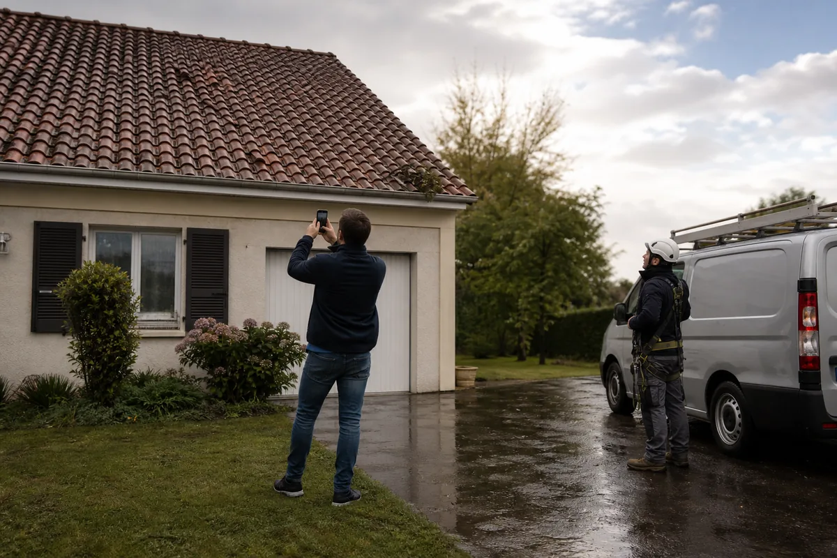 Propriétaire et couvreur inspectant depuis le sol une toiture en tuiles après une tempête