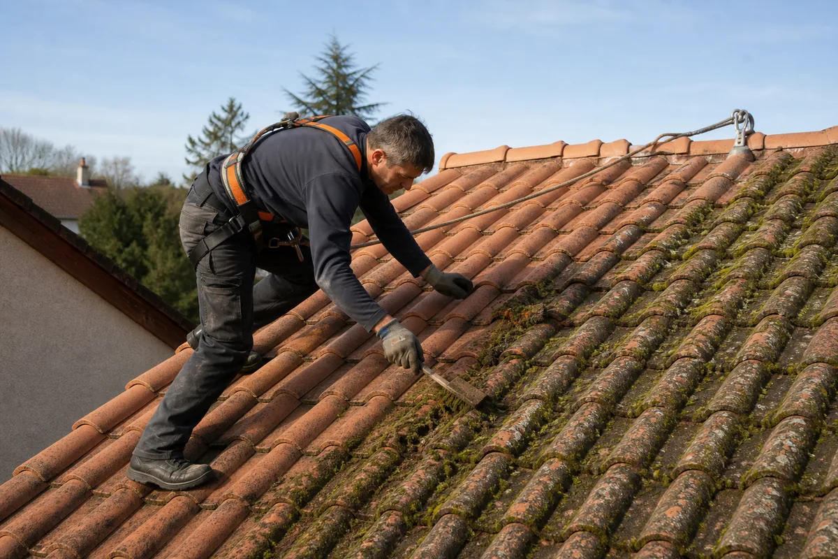 Couvreur équipé d’un harnais retirant la mousse sur des tuiles sèches par temps doux