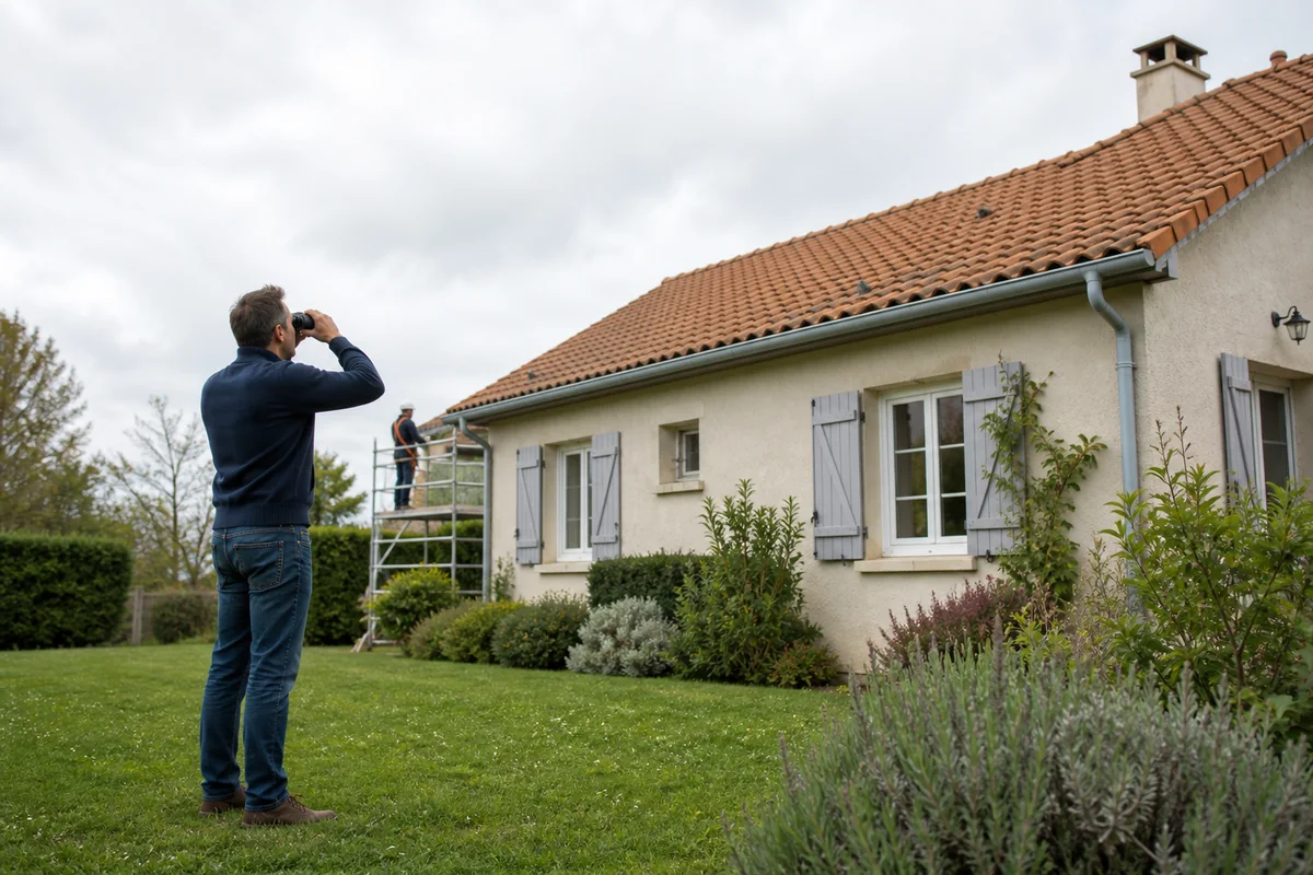 Propriétaire observant depuis son jardin une toiture en tuiles et sa gouttière sans monter sur le toit