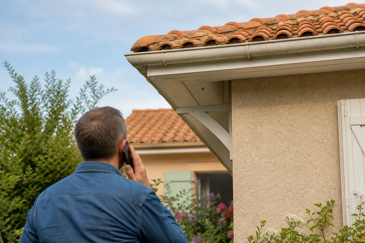 Propriétaire au sol observant à distance des guêpes près de l’avant-toit d’une maison