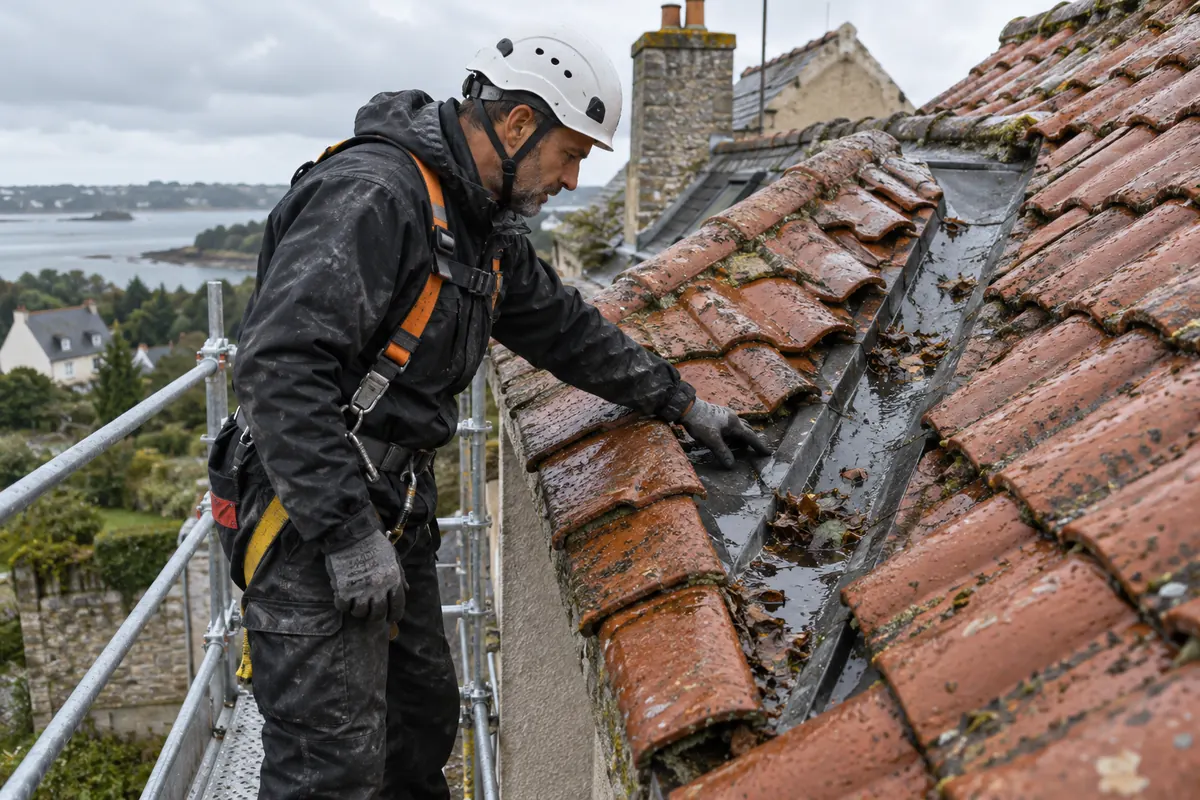 Couvreur sécurisé observant une noue de toiture humide avec des feuilles après la pluie