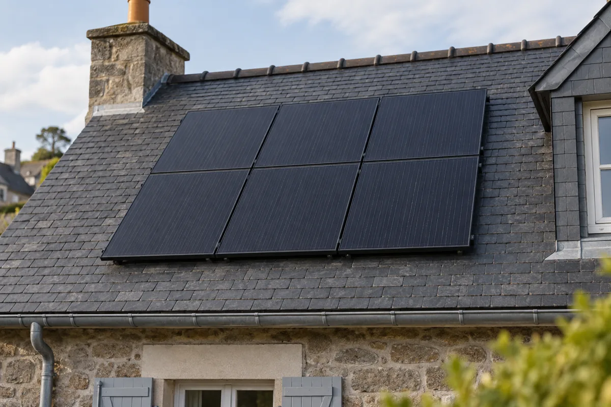 Panneaux solaires en surimposition sur une toiture en ardoise grise, au-dessus d’une gouttière en zinc.