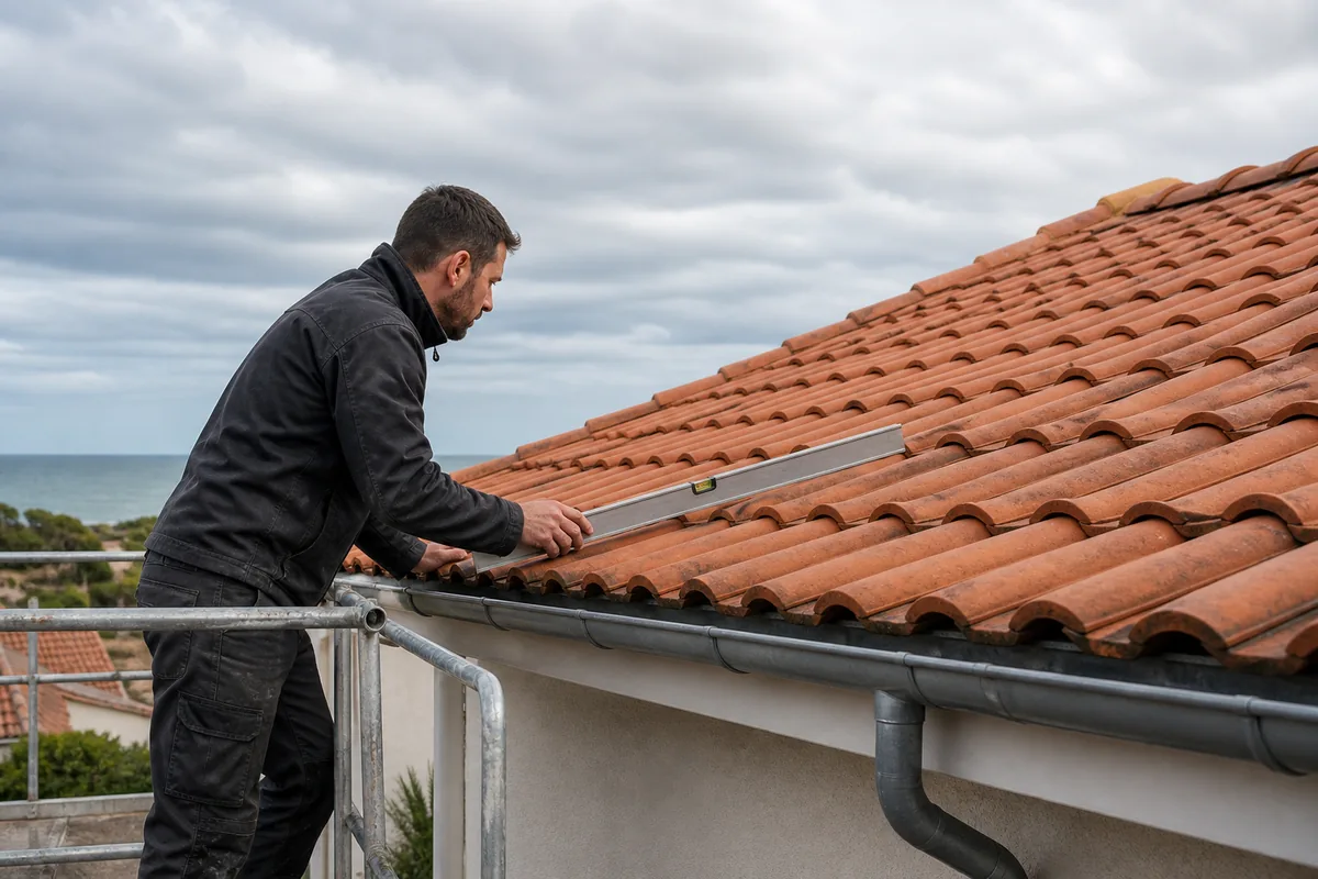 Couvreur contrôlant la pente d’une toiture en tuiles depuis un échafaudage sécurisé