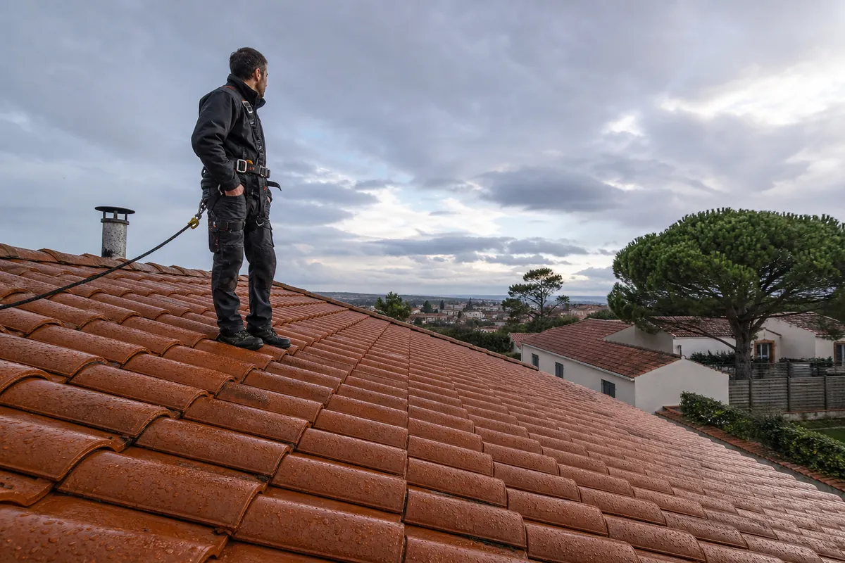 Couvreur sécurisé sur une toiture en tuiles humides après un démoussage, sous un ciel chargé