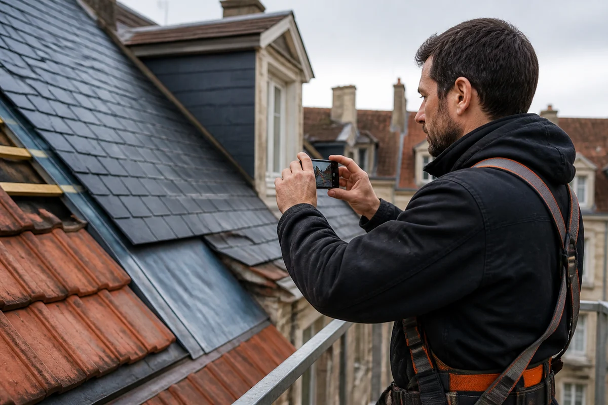 Couvreur photographiant une réparation sur une toiture résidentielle en tuiles et ardoises