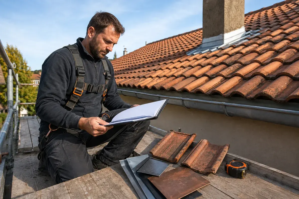 Couvreur sur un échafaudage comparant un devis près d'une toiture en tuiles avec des matériaux de couverture