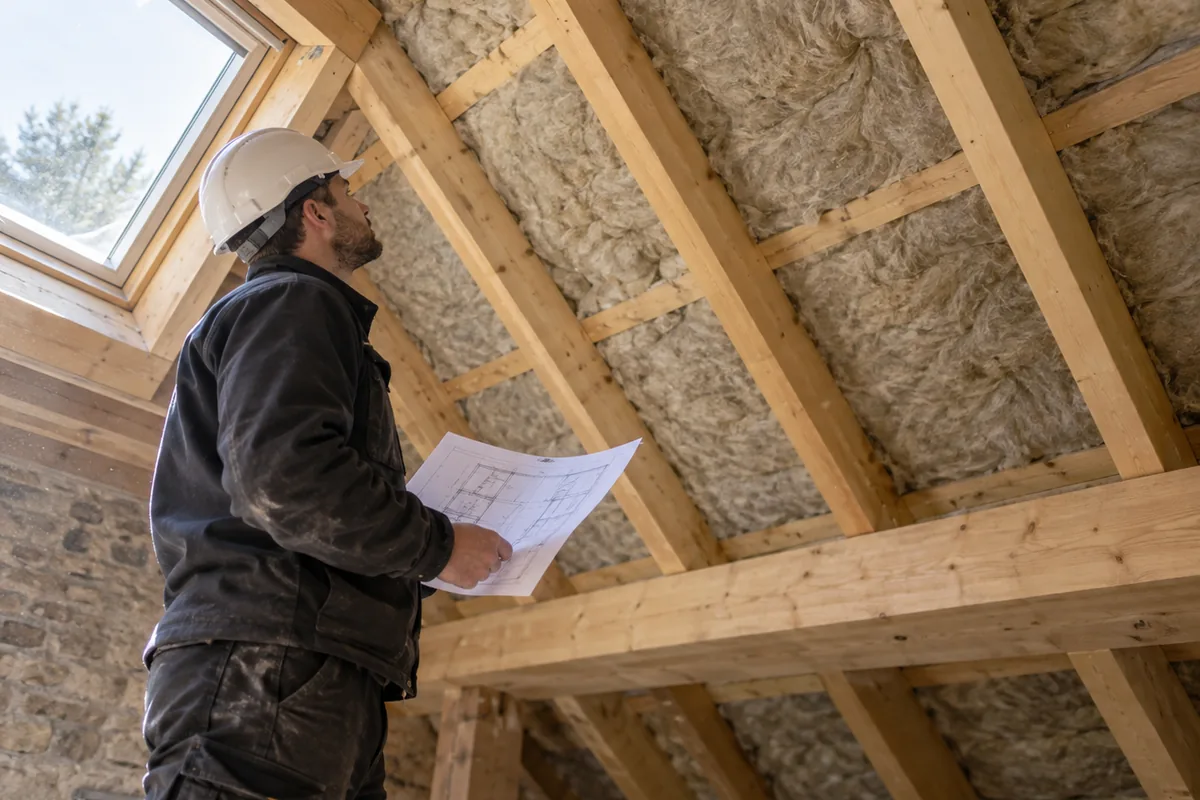 Professionnel examinant le rampant d'une toiture depuis les combles, isolant entre les chevrons et plan de chantier en main