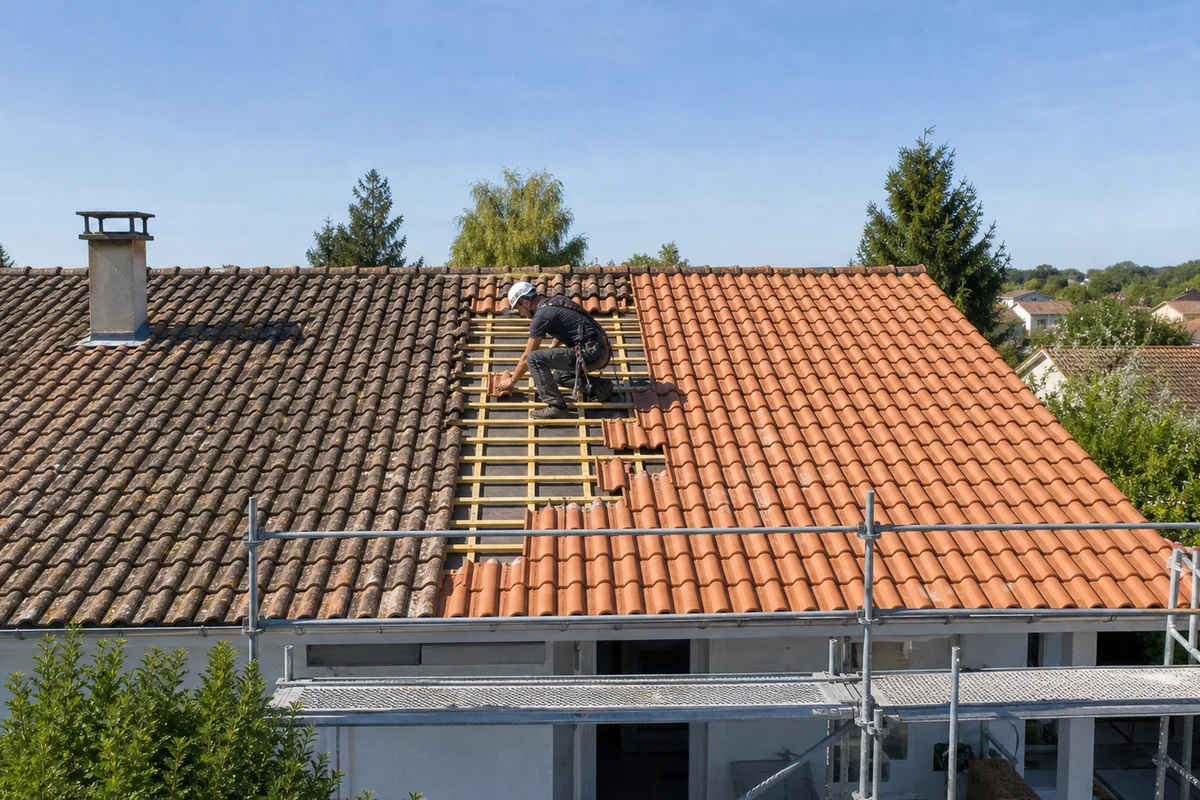 Couvreur rénovant une toiture de 70 m² avec une partie des anciennes tuiles et une partie de la couverture neuve