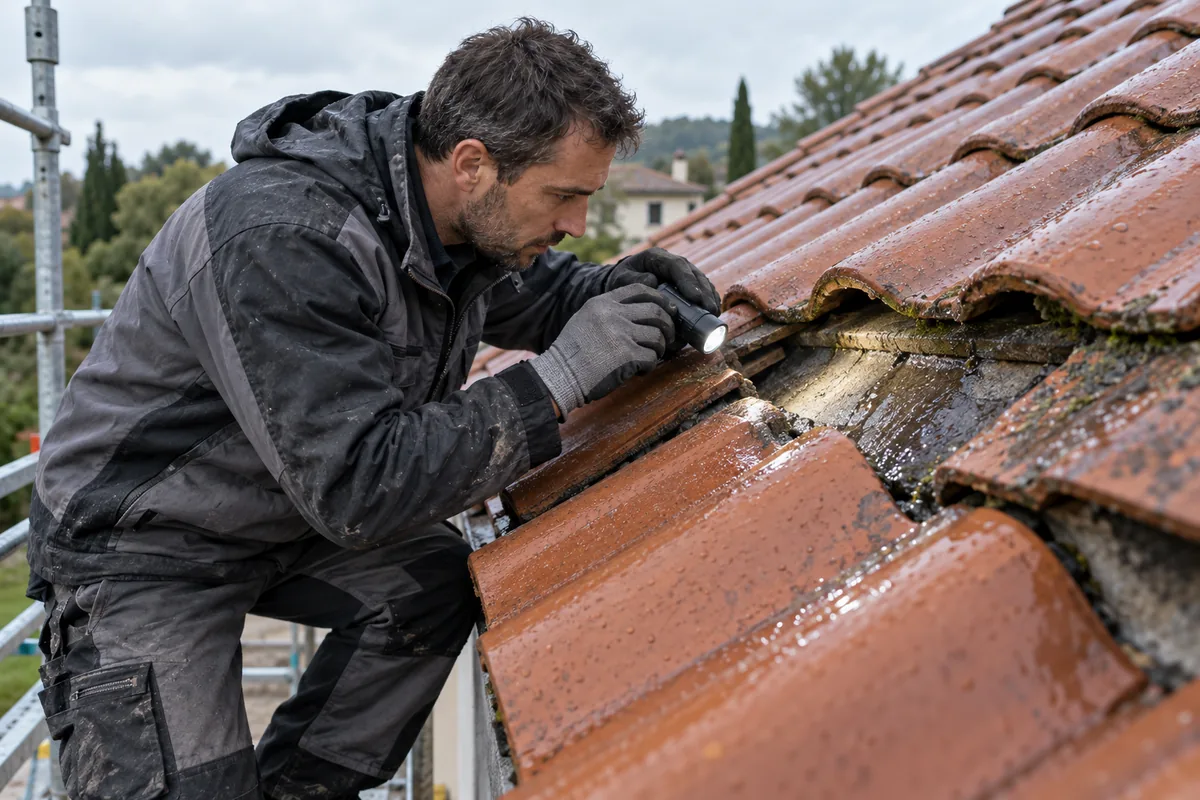 Couvreur inspectant une zone humide sur une toiture en tuiles après une pluie