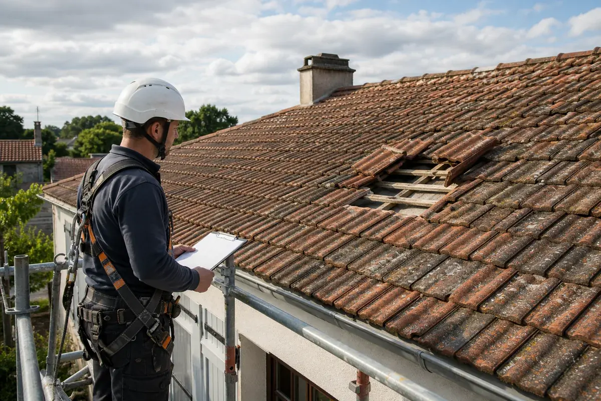 Couvreur sécurisé comparant une zone de tuiles déposées au reste d’une toiture ancienne