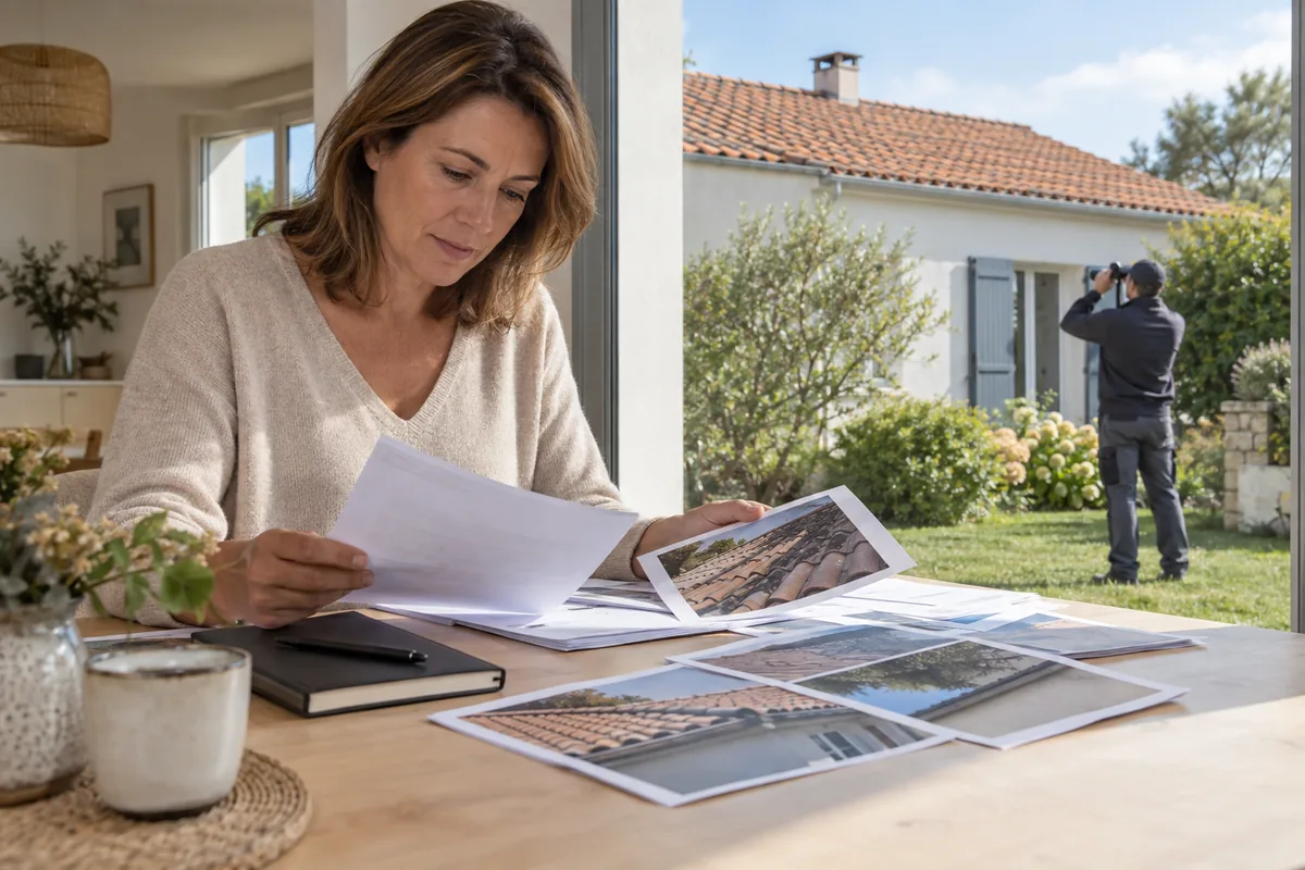 Propriétaire classant des photos et des factures avant la révision de sa toiture