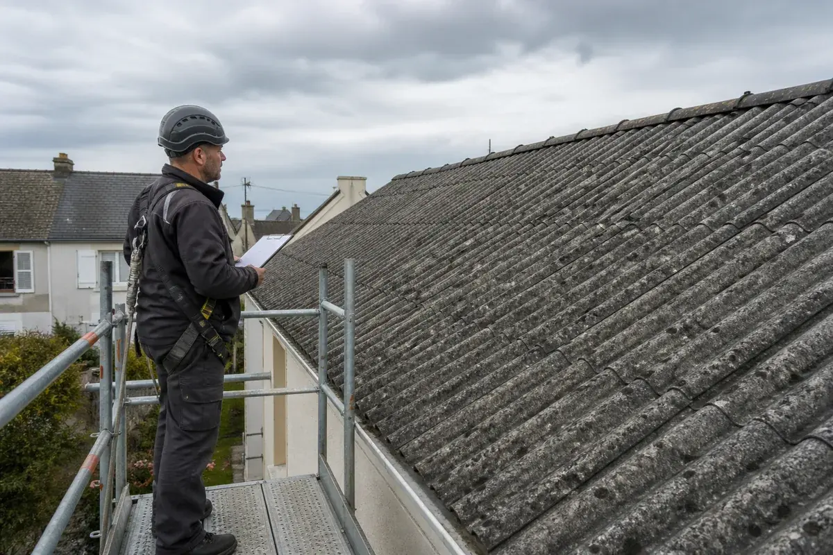 Couvreur équipé contrôlant une ancienne toiture en fibrociment depuis un échafaudage sécurisé