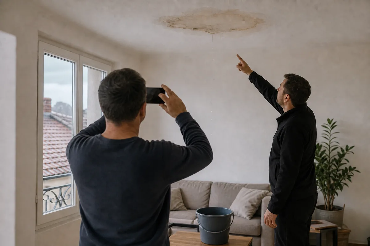 Propriétaire photographiant une fuite au plafond pendant qu'un couvreur examine la trace d'humidité