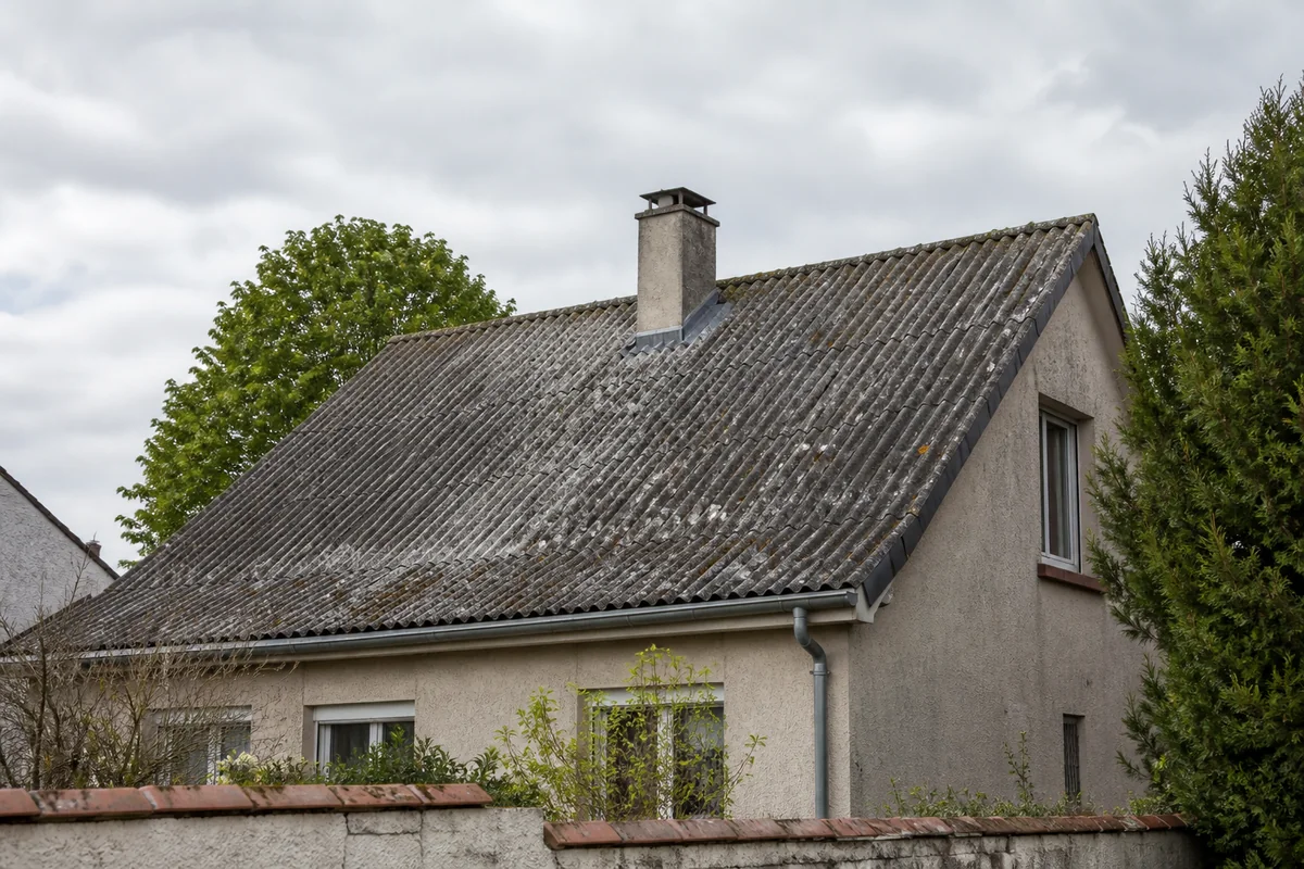 Toiture ancienne en plaques ondulées de fibrociment gris, vue depuis le sol, avec mousse et traces de vieillissement