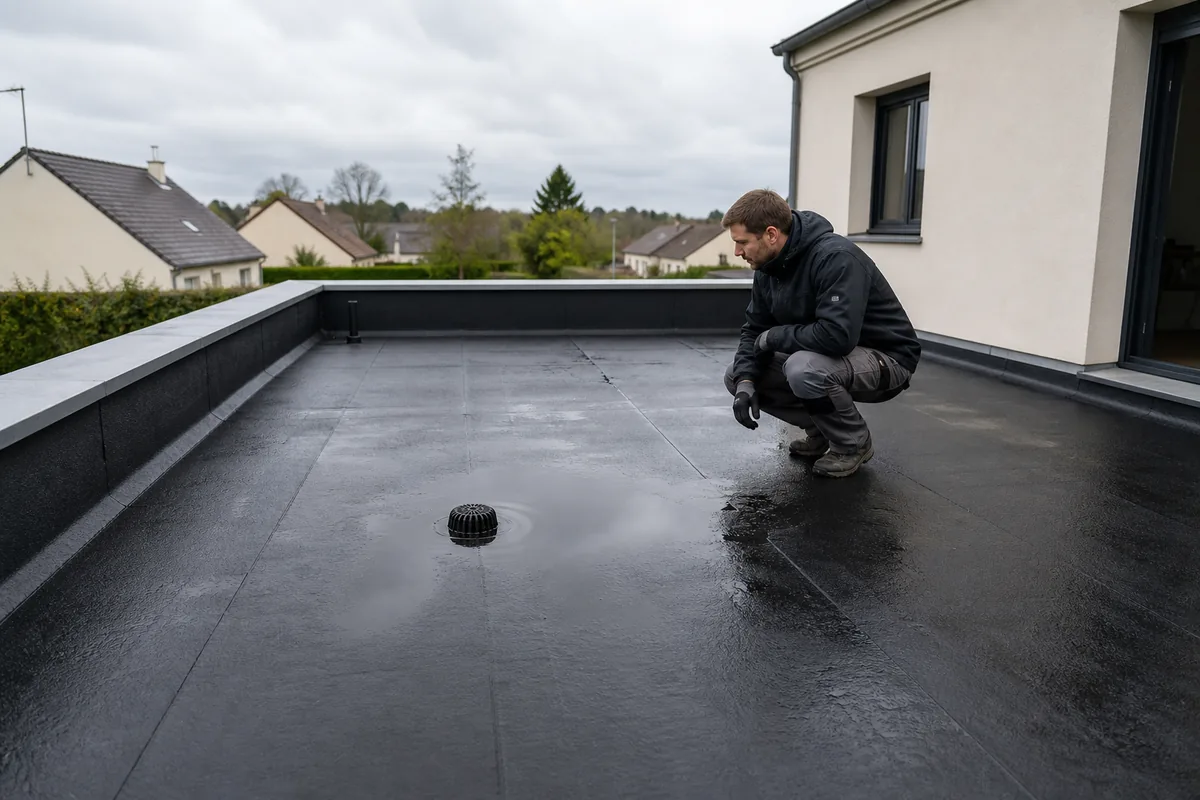 Toiture-terrasse après la pluie avec une flaque autour d’un avaloir, contrôlée par un couvreur