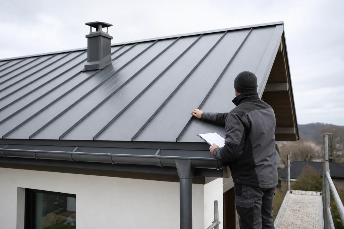 Couvreur contrôlant les joints debout d’une toiture en zinc près d’un raccord de cheminée
