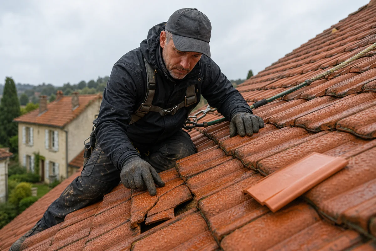 Couvreur sécurisé inspectant une tuile cassée sur un toit humide avant son remplacement