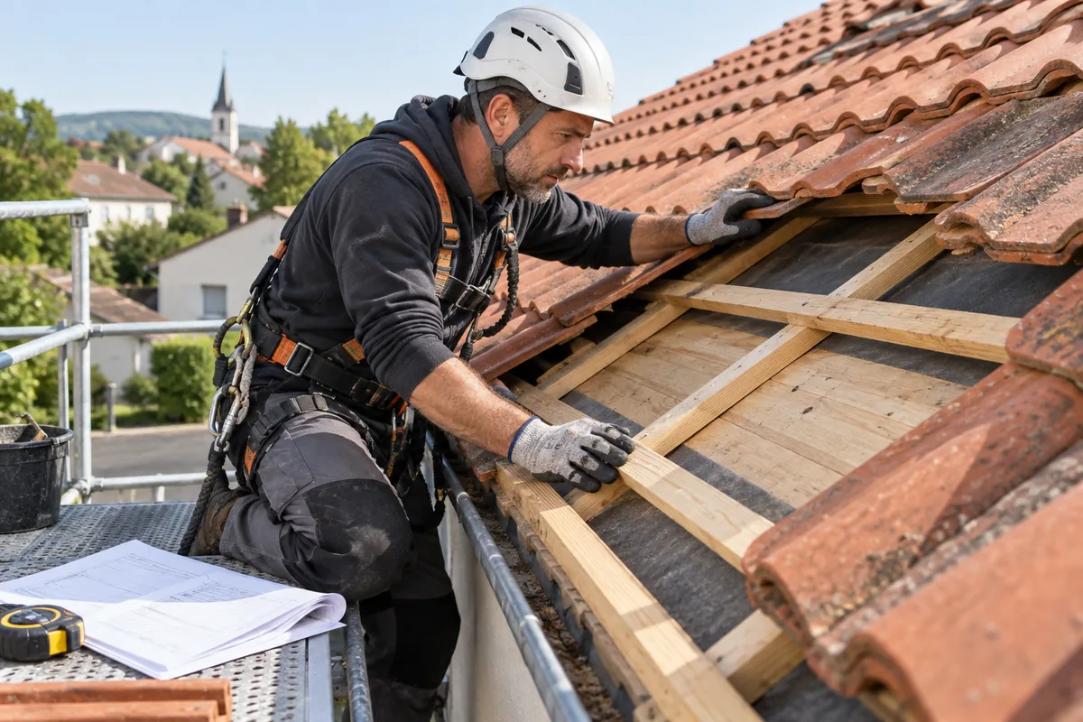 Couvreur sécurisé contrôlant des liteaux et une volige sous une toiture en tuiles partiellement déposée
