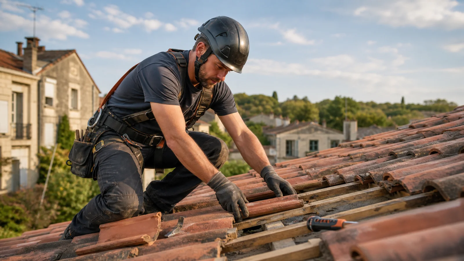Couvreur travaillant sur une toiture